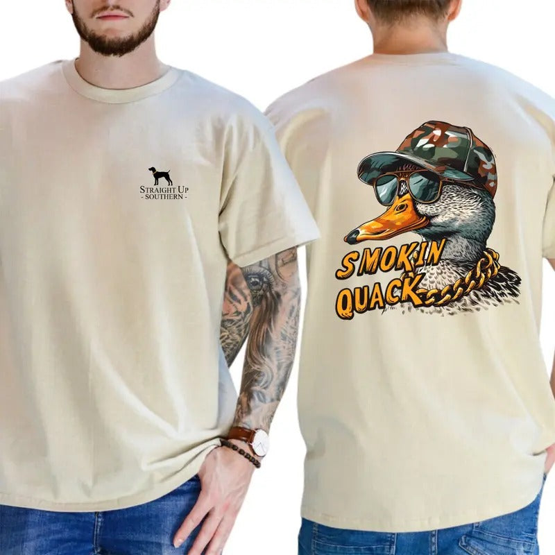 Smokin Quack T-Shirt - Fun Southern Style with Duck and Camo Cap Design, Unisex Crewneck for Casual Wear and Humorous Graphic Fans