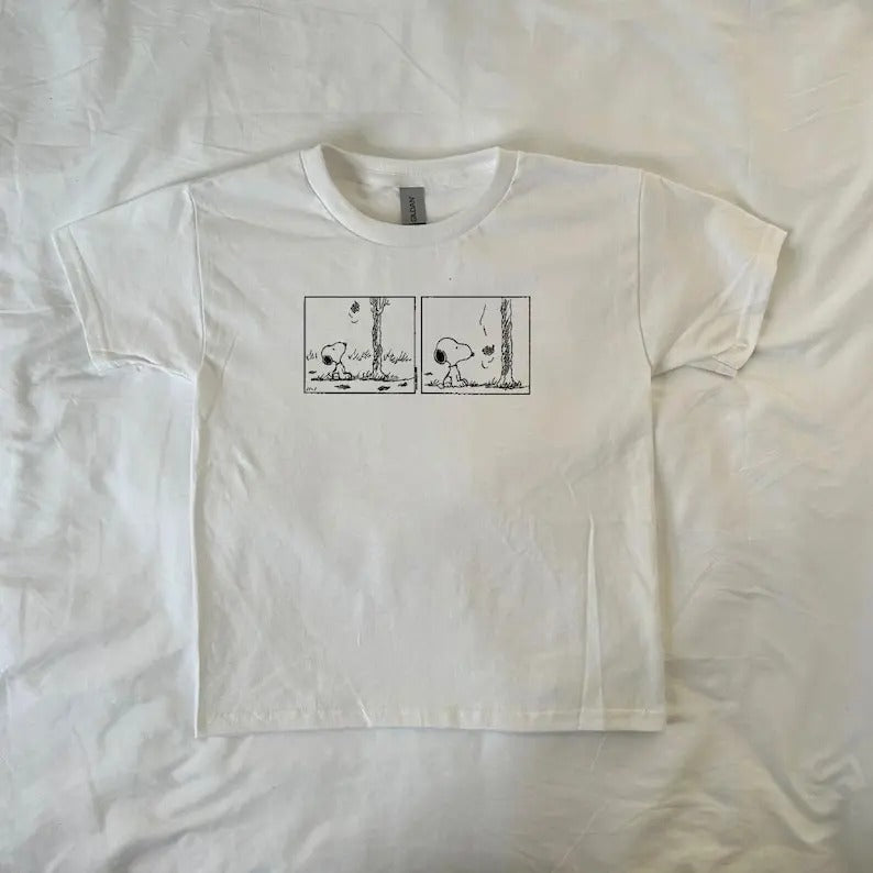 Snoopy Fall Leaves Baby Tee, Peanuts Cartoon, vintage, Charlie Brown, Pinterest, 90s, comics, snoopy, streetwear, ahs style, fall vibes