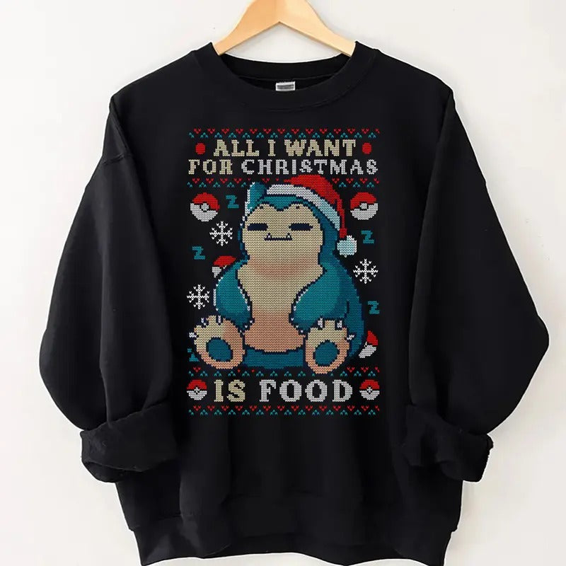 Snorlax Pokemon Sweatshirt, Snorlax All I Want For Christmas Is Food Sweatshirt, Snorlax Christmas Sweatshirt, Snorlax Santa, Snorlax Sweatshirt - Pokemon Lover Gift - Snorlax Sweater - Christmas Pokemon Sweatshirt - Sleeping Pokemon Shirt, Pokemon Hoodie