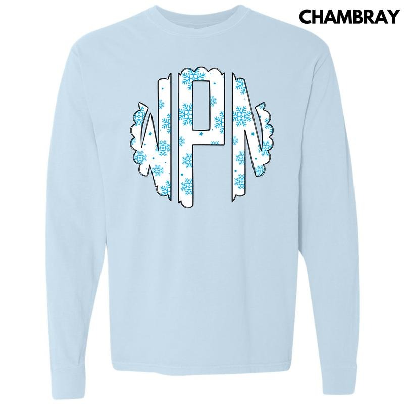 Snowflake Monogram Long Sleeve Comfort Colors T-Shirt 'NLB'