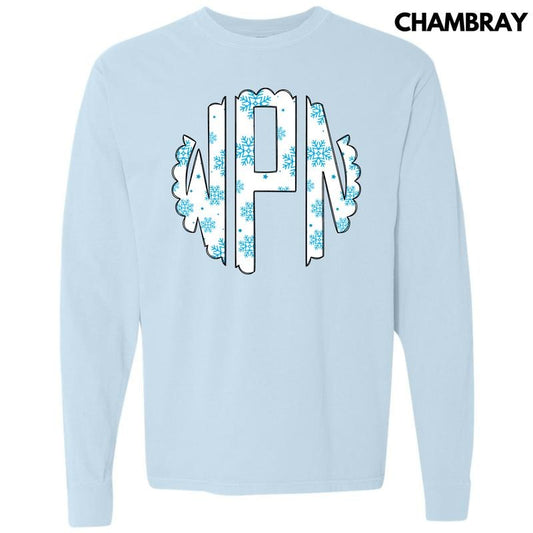 Snowflake Monogram Long Sleeve Comfort Colors T-Shirt 'NLB'