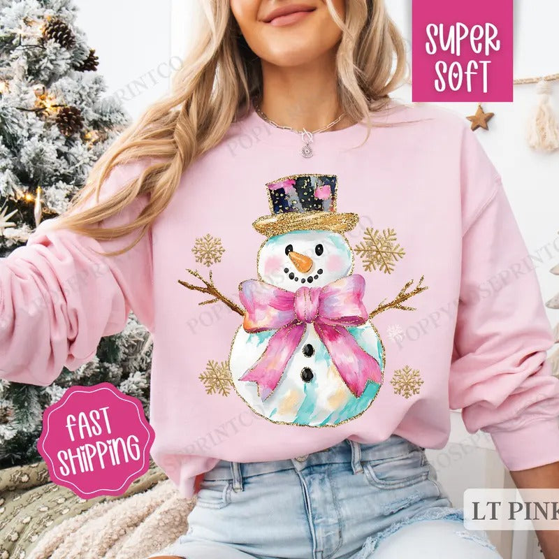 Snowman Sweatshirt, Cute Christmas Sweater, Women's Winter Holiday Crewneck