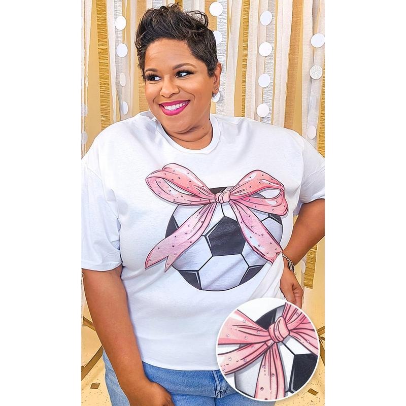 Soccer Pink Bow Rhinestone Graphic Shirt