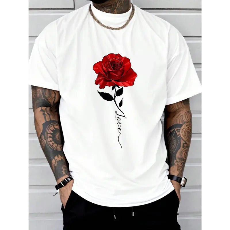 Soft and Comfortable Rose Print Tee Shirt, Casual Short Sleeve T-shirt for Summer, Tees for Men Made in USA