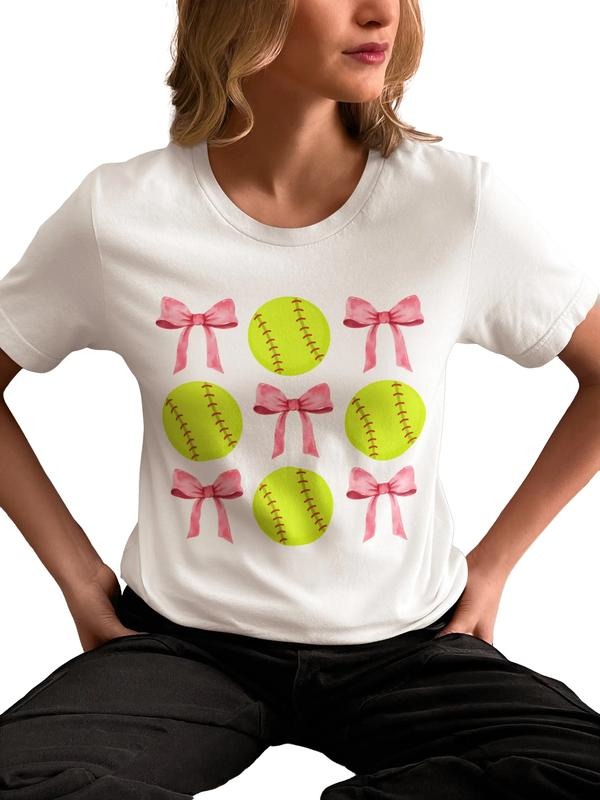 Softball Ball And Bows T Shirt, Softball Mom Shirt, Coquette Aesthetic Shirt, Pink Girly Tee, Softball Player Shirt, Unisex T-Shirt, Bestie Sister, Short Sleeve Tee Shirt, Gifts For Women, Gifts For Birthday Fit Top