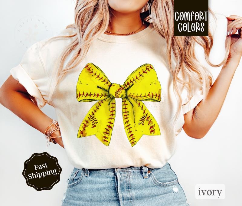 Softball Bow Shirt Comfort Colors, Womens Softball Tee, Womenswear Oversized Crewneck
