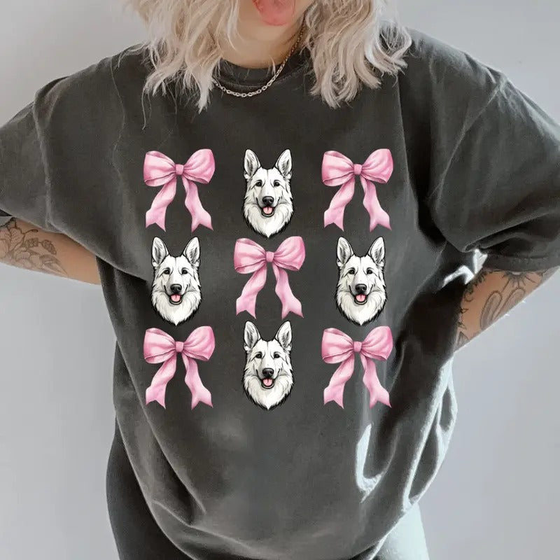 Solid White German Shepherd with bows Shirt ~ Unisex Apparel Relaxed Fit Printed In The USA Clothing Womenswear Casual Comfort Cotton Top Athletic Boho Chic