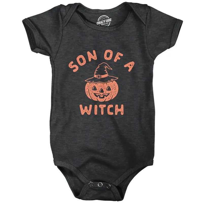 Son Of A Witch Baby Bodysuit Funny Halloween Jack-o-lantern Infant Jumper Funny Baby Onesies Halloween Onesie for Baby Novelty Onesie Black