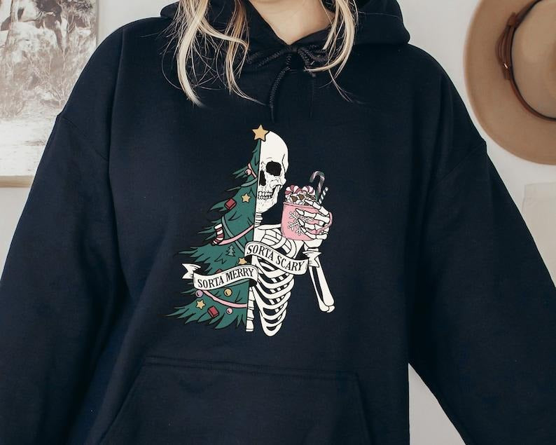Sorta Merry Sorta Scary Crewneck, Funny Christmas Sweatshirt, Cute Spooky Season Sweater, Custom Christmas Skeleton...