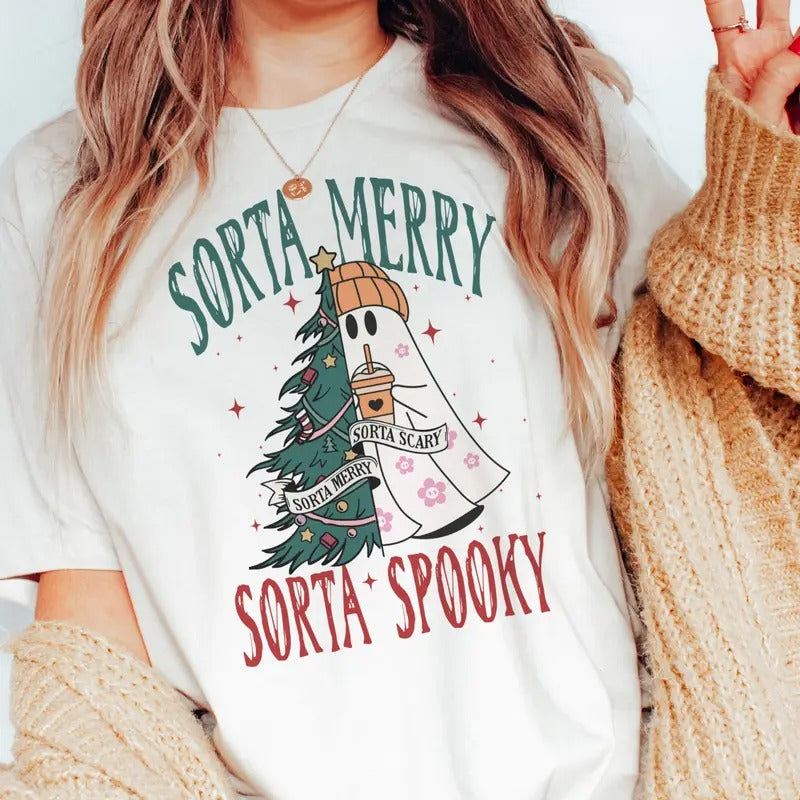 Sorta Merry Sorta Spooky Tee Christmas Spooky Tshirt Girly Christmas Halloween Sweatshirt Sora Christmas Sorta Spooky Ghost T-Shirt Funny Christmas Tee