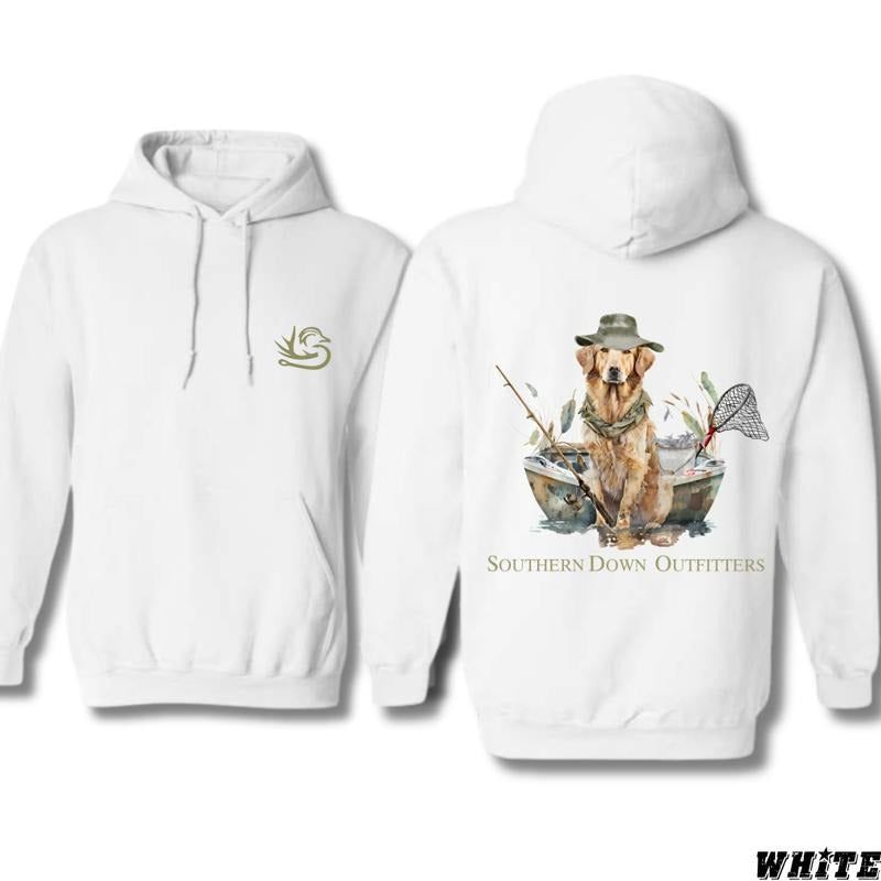 Southern Down Outfitters Hoodie - Charming Outdoor Design Featuring a Golden Retriever with Fishing Gear, country boy clothing, Perfect for Dog Lovers and Outdoor Enthusiasts, Unisex Hoodie for Cozy Comfort and Rustic Style Menswear Sweaters