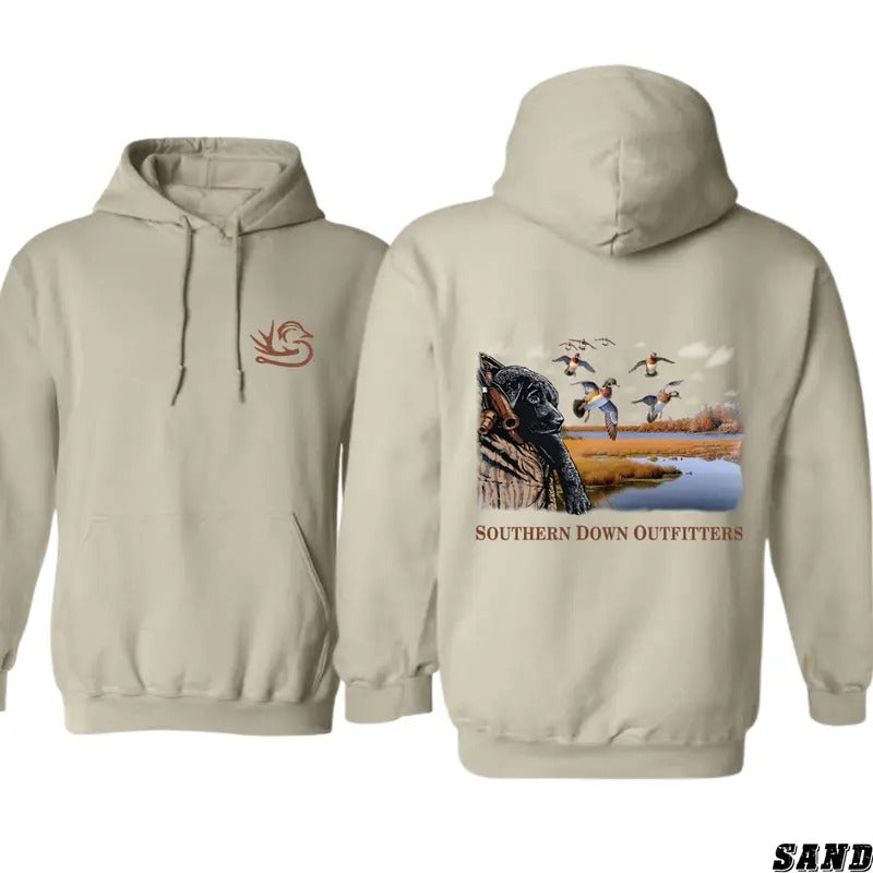 Southern Down Outfitters Hoodie - Hunting Dog and Waterfowl Design, camo country hoodies, Perfect for Outdoor Enthusiasts and Hunters, Unisex Hoodie for a Rugged and Nature-Inspired Look Menswear Sweaters