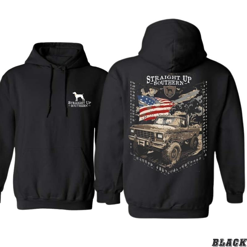 Southern Hoodie - Rugged Off-Road Truck Design with American Flag, Unisex Sweatshirt for Proud Southern Patriots & Off-Roading Enthusiasts