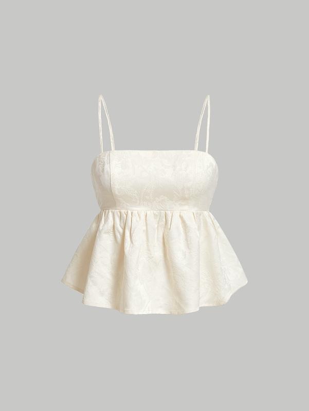 Spaghetti Strap Ruffle Hem Peplum Cami Top Solid Fabric Polyester Jacquard CamisoleY2K