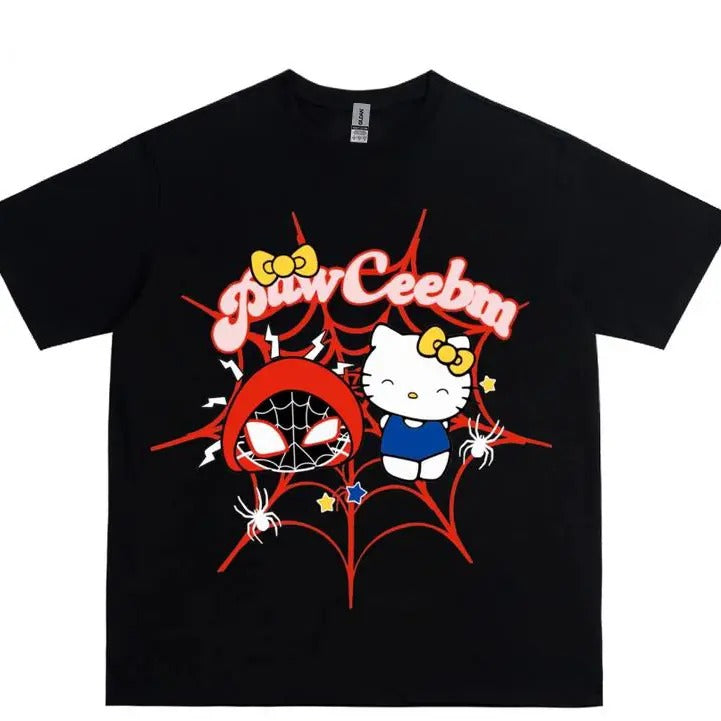 Spider X Hello Kitten Graphic Unisex T Shirt, Vintage Style Y2k Grunge Punk Tee, Top Menswear Streetwear Round Neck Casual Tshirt