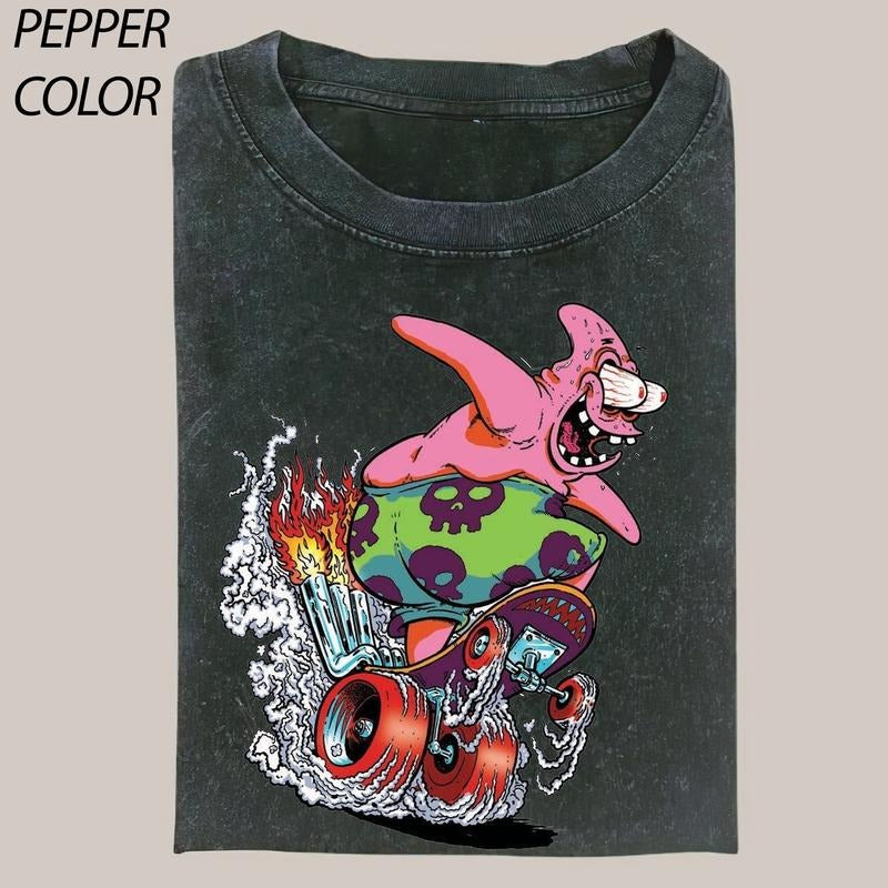 Sponge Bob Trippy Patrick skate boarding T-shirt, SpongeBob SquarePants T-shirt, Drip Cartoon Graphic Tee, Funny T-shirt, Unisex Movie Shirt Menswear