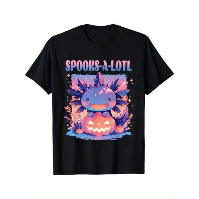 Spooks-A-Lotl Halloween Axolotl Themed T-Shirt. Suitable as a Halloween gift for people who like cute animals Made in USA