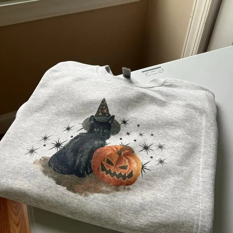 Spooky Cat Crewneck Sweatshirt - Shirt- Hoodie, Halloween Gift, Fall Crewneck Sweater, Halloween Party Shirt, Full...