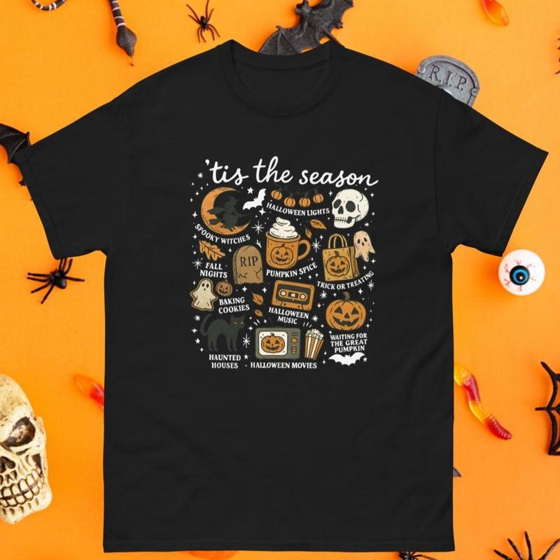 Spooky Doodles Halloween Gildan Shirt - Gildanshirt Unisex Relaxed Fit Printed in the USA Casual Comfort Cotton Top Women's Wear Boho Chic Crewneck Short Sleeve All Seasons Streetwear