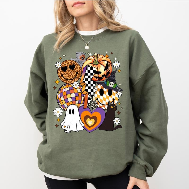 Spooky Halloween Groovy Graphic Sweatshirt, Retro Smile Face Halloween Crewneck, Halloween Sweatshirt, Scary Ghost Sweater, Spooky Vibes Sweatshirt For Women, Comfy Long Sleeve Pullover, Cute Women's Tops, Fall Casual Womenswear, Comfort Fabric Cotton Top
