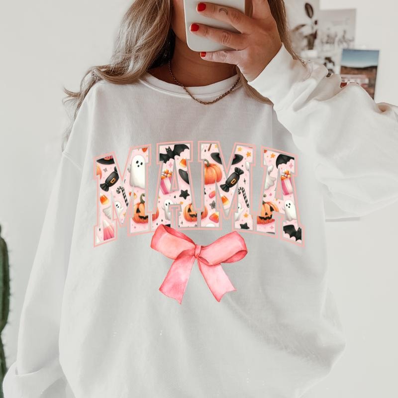 Spooky Mama Bow Crewneck - Unisex Relaxed Fit Printed in USA Casual Comfort Cotton Top Athletic Boho Chic All Seasons