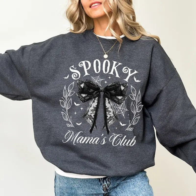 Spooky Mama's Club Sweatshirt, Halloween Mama Coquette Bow Crewneck, Gothic Bow Sweater For Women, Halloween Coquette Sweatshirt, Spooky Mama Sweatshirt, Witchy Mom Crewneck, Halloween Womens Tops, Fall Casual Womenswear, Comfort Cotton Fabric Relaxed Top
