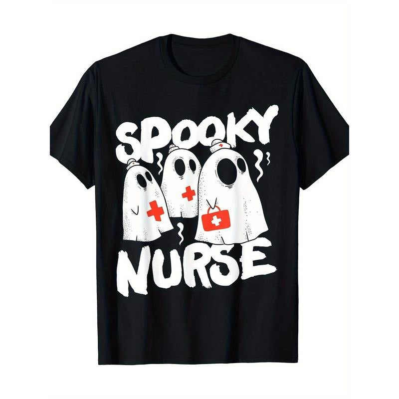 Spooky Nurse Graphic T-Shirt - Cotton Knit Fabric Adult Unisex Tee, Casual Crew Neck Top for Running, Yoga, Training, Basketball, Festive & Party Occasions - Four Seasons Regular Fit Apparel Made in USA
