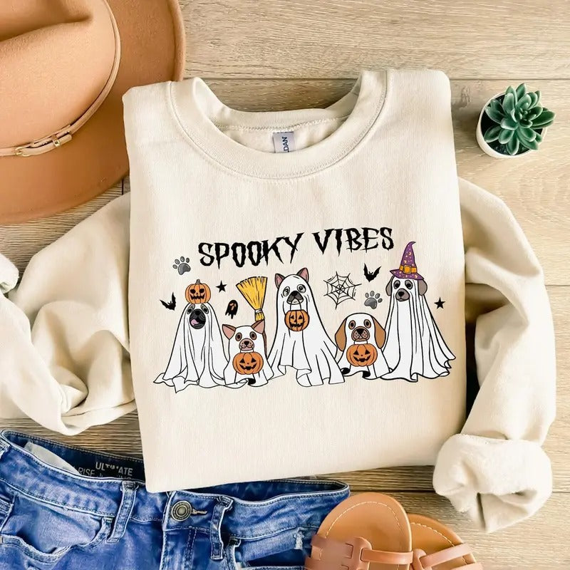 Spooky Vibes Ghost Dog T-Shirt, Halloween Ghost Dog Sweatshirt, Ghost Dog Sweater, Spooky Season Tee Shirt, Cute Dog Pumpkin Shirt