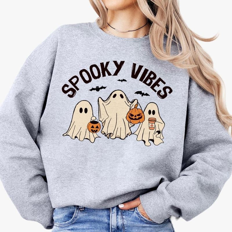 Spooky Vibes Sweatshirts, Halloween Shirt For Women, Halloween Ghost Sweatshirt, Fall T-shirts, Gifts For Her, Pumpkin Ghost T-shirt, Spooky Season Sweatshirt, Ghost Halloween Tee, Cute Ghost Shirts, Women's Tops Funny Halloween Tee