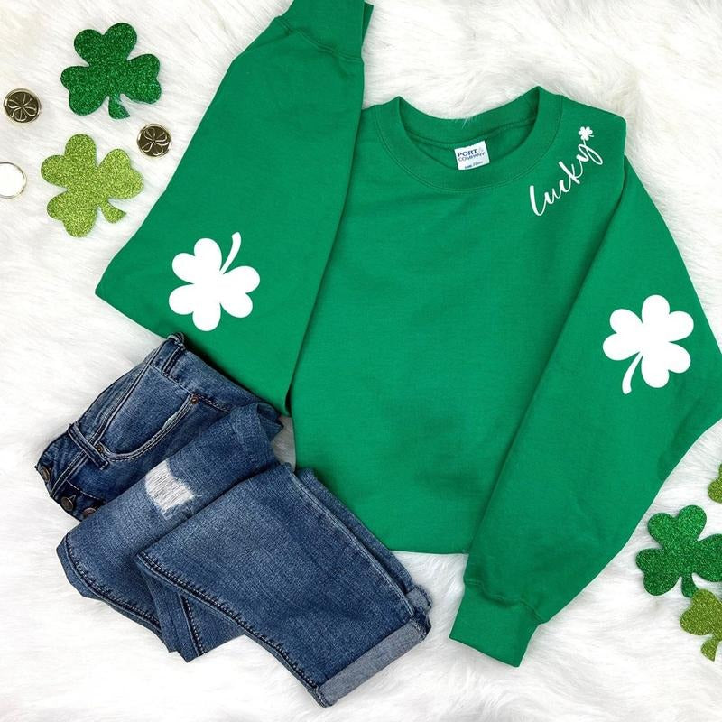 St. Patricks Day Sweatshirt for Women, Lucky Crewneck, Shamrock Elbow Sweatshirt, Armpatch Shamrock Sweatshirt, Irish Sweatshirt, St Pattys