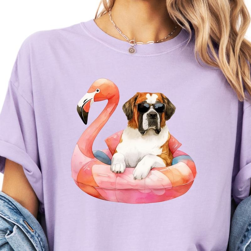 St. Bernard Flamingo Float Dog Shirt ~ Unisex Apparel Relaxed Fit Printed In The USA Clothing Womenswear Casual Comfort Cotton Top Athletic Boho Chic