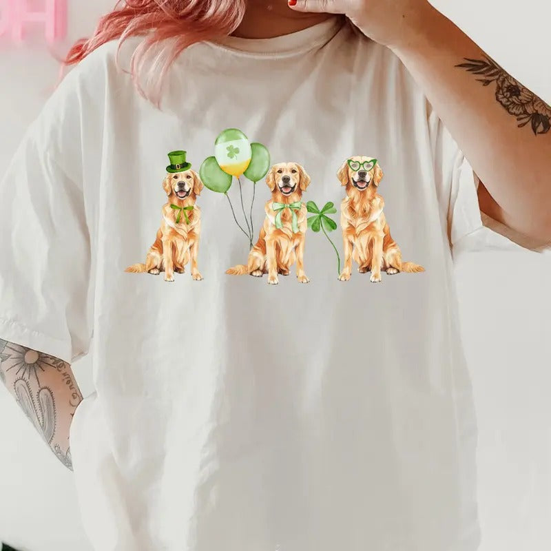 St. Patty's Day Golden Retrievers Shirt ~ Unisex Apparel Relaxed Fit Printed In The USA Clothing Womenswear Casual Comfort Cotton