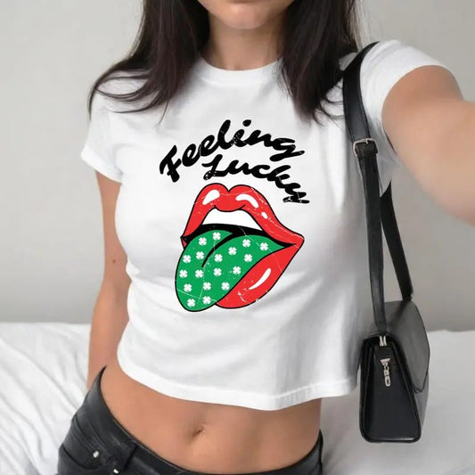 St Patrick's Day Baby Tee For Women, Lets Get Lucked Up, Shamrocks and Shenanigans, Getting Tipsy, Y2K 2000's Style, Streetwear Style