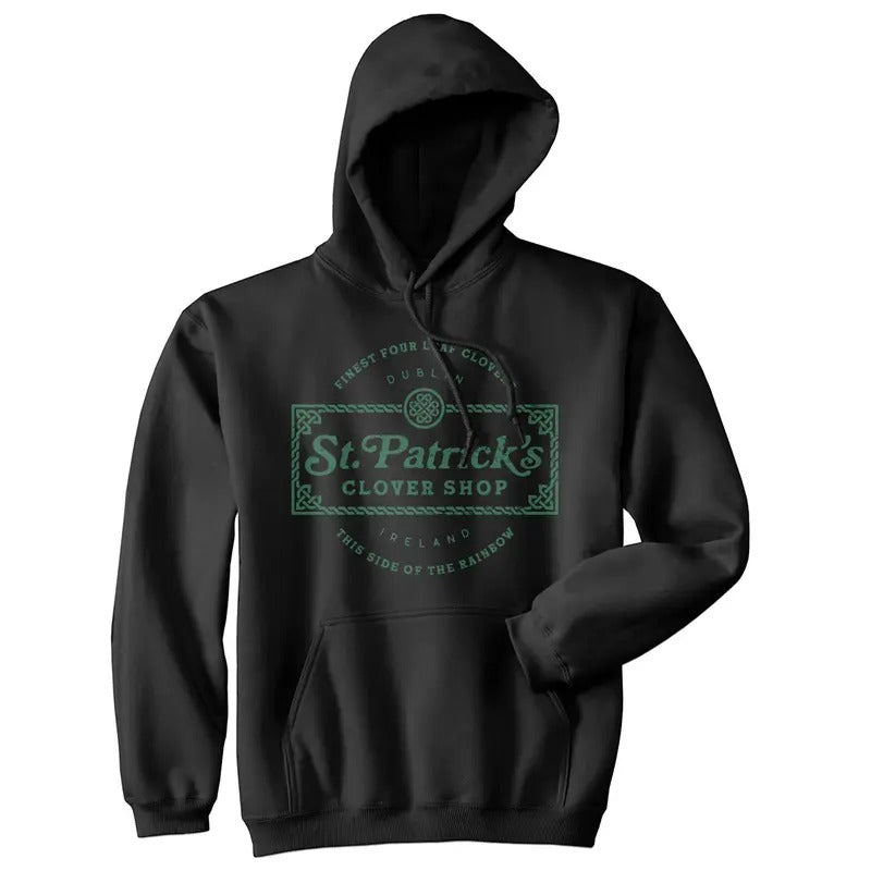 St Patricks Clover Shop Hoodie Funny Vintage St Patricks Day Parade Outfit Cool Shamrock Design Funny Hoodies Saint Patrick's Day Hoodie Funny Sarcastic Pullover Novelty Sweatshirt Black