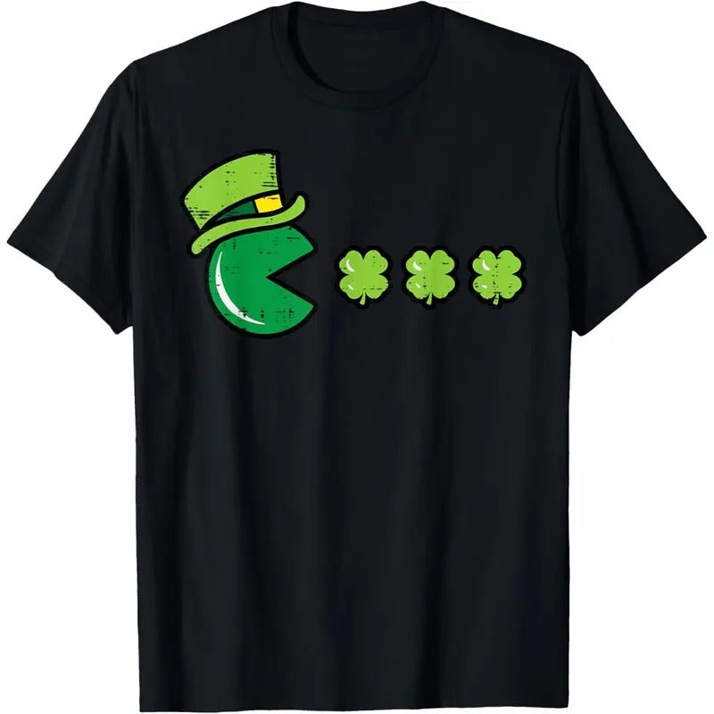 St Patricks Day Eating Shamrock Retro Gamer Men Boys Kids T-Shirt made in USA