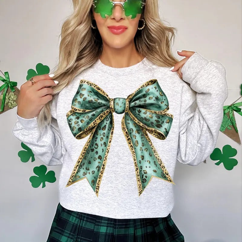 St Patricks Day Green Bow Clipart Leopard Print Ribbon Gold Accents Coquette Style Instant For St Patrick's s