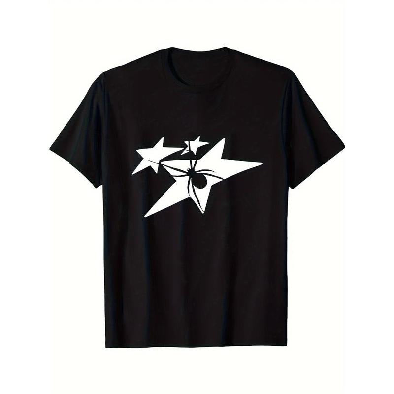 Star pattern printed T-shirt men's casual style summer and autumn slightly elastic round neck T-shirt Made in USA