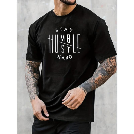 'Stay Humble Hustle Hard' Print Tee Shirt, Tee For Men, Casual T-shirt For Summer Spring Fall, Tops As Gifts Made in USA