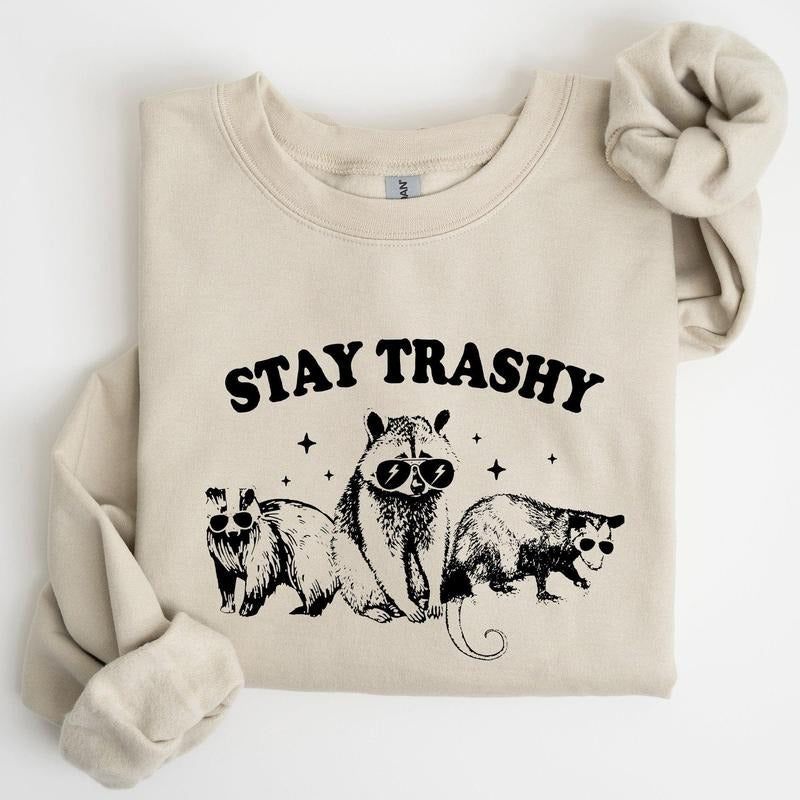 Stay Trashy, Racoon, Possum, Aesthetic, Meme, Funny Sweatshirt, Women's Crew Neck, Crewneck T-Shirts, Hoodie | WearSparks.com
