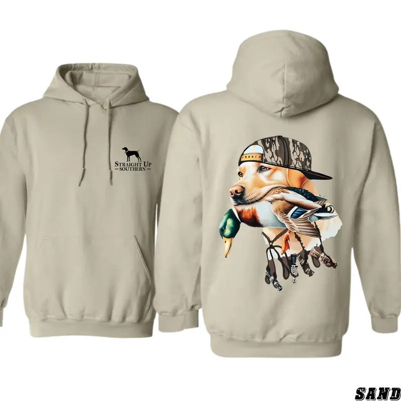 Straight Up Southern Hoodie - Bold Hunting Dog with Duck Graphic, Unisex Casual Sweatshirt for Outdoor Enthusiasts and Waterfowl Hunters