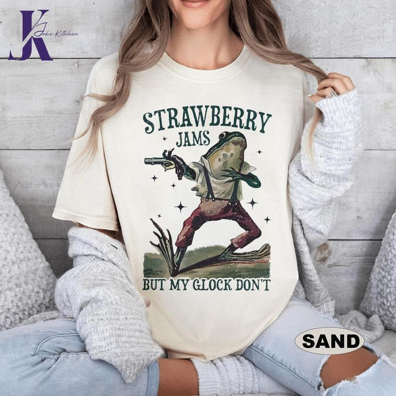 Strawberry Jams But My Glock Don't Shirt, Western Frog Graphic Tee, Gun Tee, Strawberry Jam Sweatshirt, Western Sweatshirt, Vintage Pullover