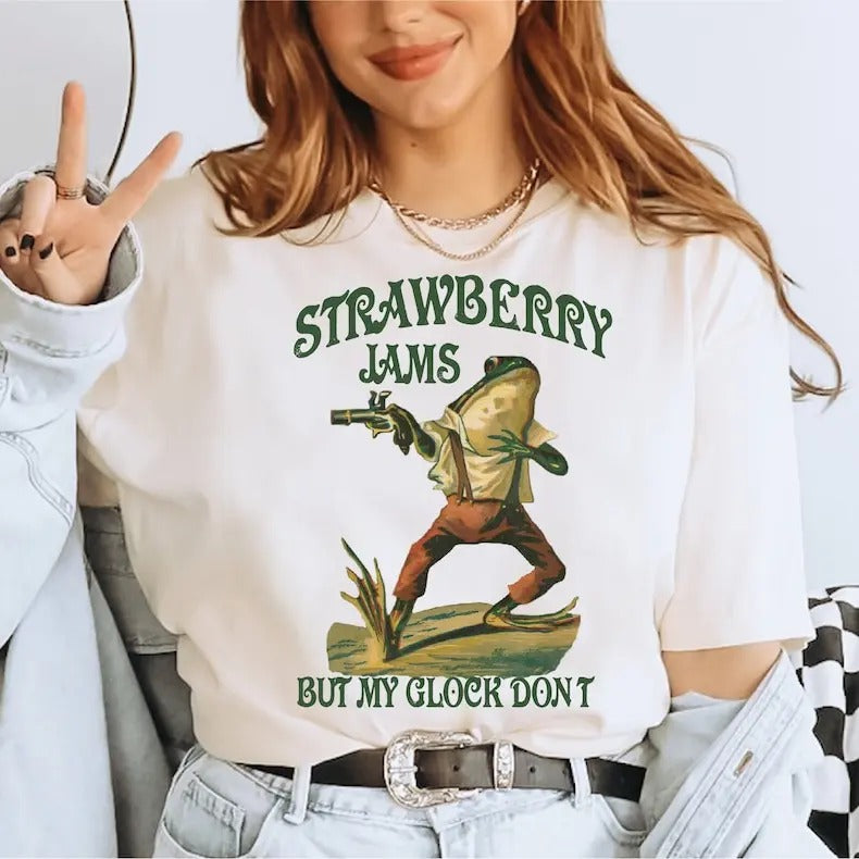 Strawberry Jams But My Glock Don't T-Shirt, Funny Frog T-Shirt, Funny Meme TShirt, 100% Cotton, Crew Neck, Slight Stretch, Breathable & Wear-Resistant, All-Season Short Sleeve Tee, Perfect for Outdoor & Daily Fashion