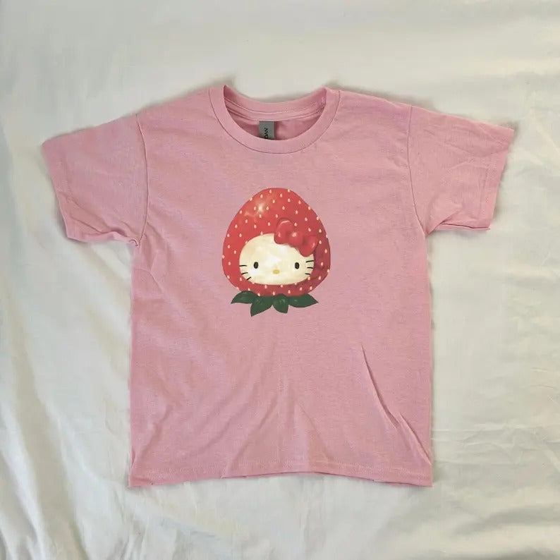 Strawberry Kitty Baby Tee, vintage style, y2k clothing, 90s style baby tee, ahs style, streetwear, coquette, soft girl, sanrio fan
