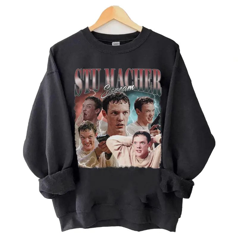 Stu Macher Scream Graphic Sweatshirt, Vintage Horror Movie Design, 90s Classic Villain, Retro Unisex Pullover, Casual Streetwear Menswear Bike