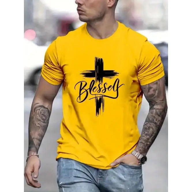 Stylish Blessed Graphic Print Tee Shirt - Men's Casual Short Sleeve Summer T-Shirts with Comfortable Fabric and Relaxed Fit Made in USA Crew Necks Digital Direct Printing