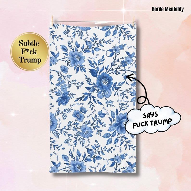 Subtle Anti Trump Hand Towel Chinoiserie Anti-Trump Floral Hand Towel Hidden Fuck Trump Feminist Gift Political Home Decor Anti Fascist Gift