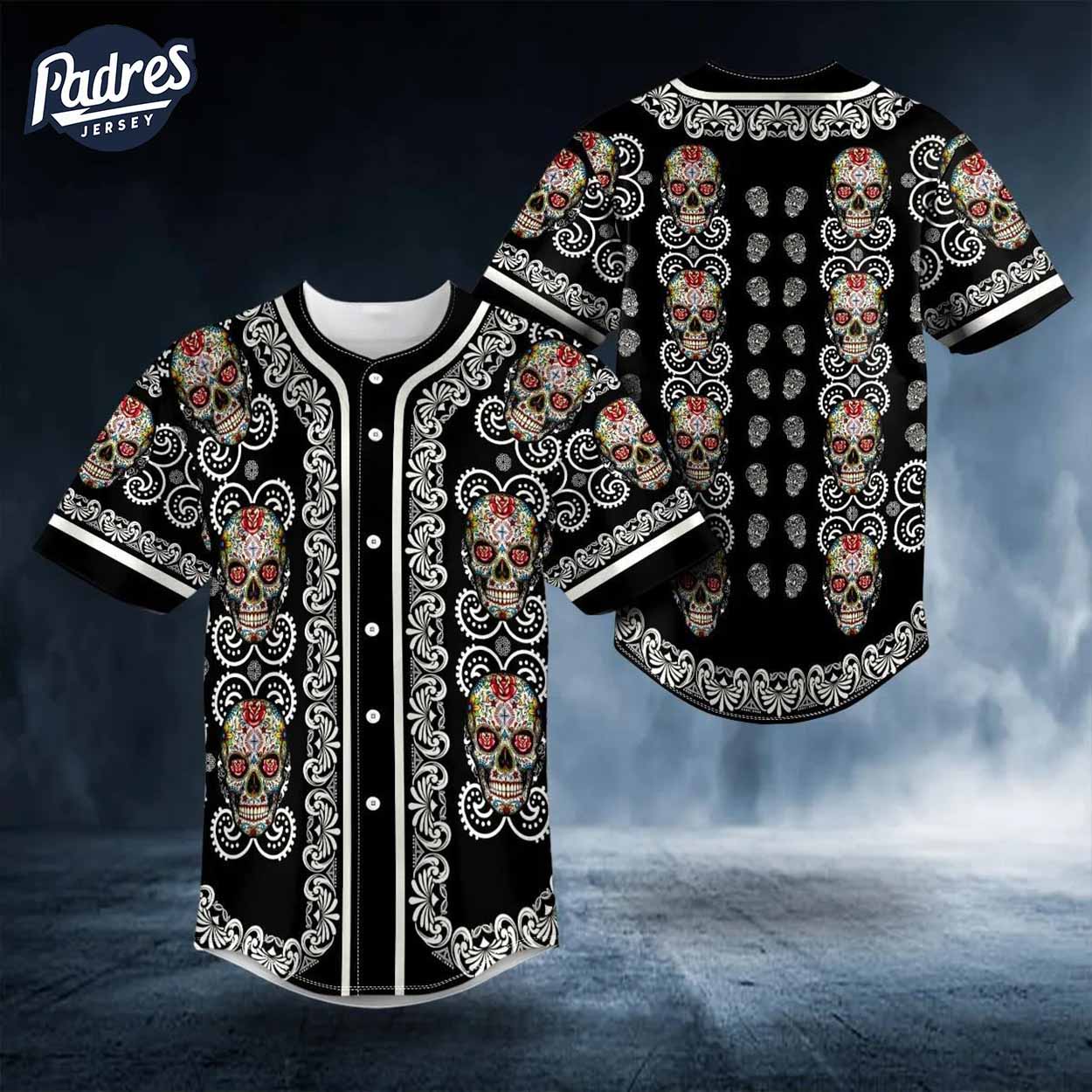Sugar Skull Designs On Colored Paisley Baseball Jersey - Padres Jersey Oasis: Elevate Your Baseball Style Game