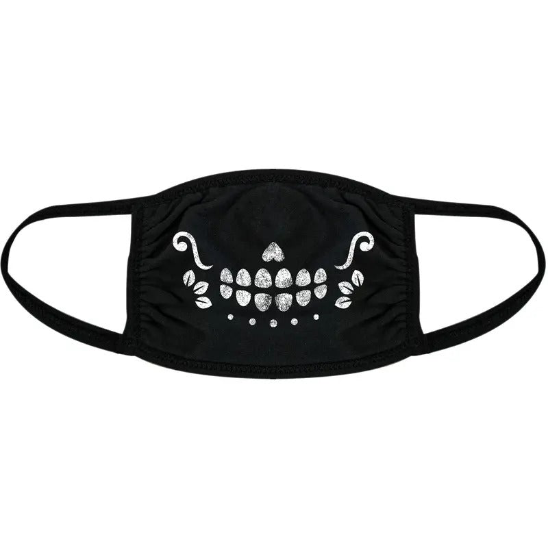 Sugar Skull Smiling Face Mask Funny Dia De Los Muertos Party Nose And Mouth Covering Funny Masks for Adults Halloween Funny Cinco De Mayo Novelty Masks for Adults Black