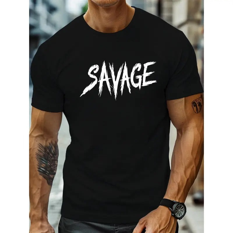 Summer Casual Mens Graphic Tee - SAVAGE Art Font Print, Crew Neck, Polyester Blend, Slight Stretch, Regular Fit, Geometric Pattern, Trendy Basic Top for Daily and Outdoor Wear Made in USA