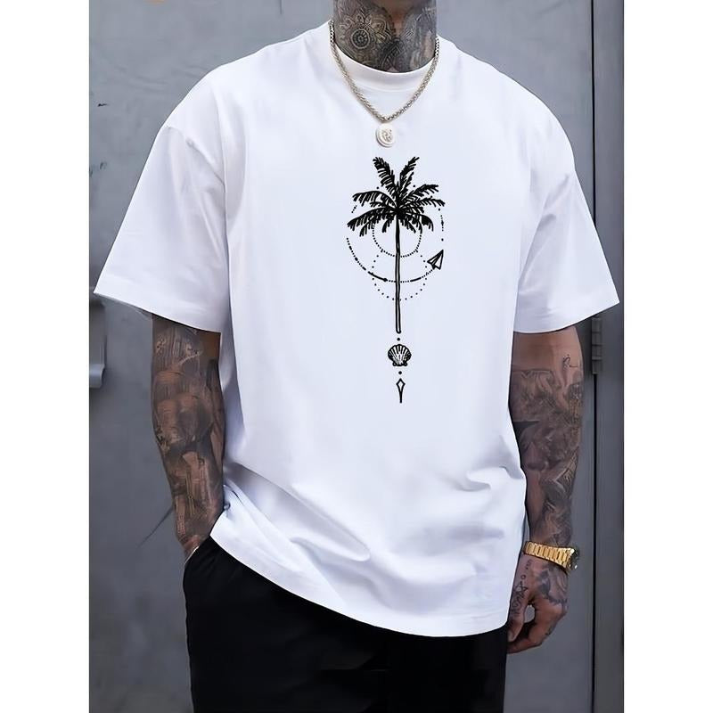 Summer Essential: Men's Crew Neck Short Sleeve Coconut Tree Graphic Print Tees, Comfortable Versatile Top for Outdoor Sports & Leisure Vacation Made in USA